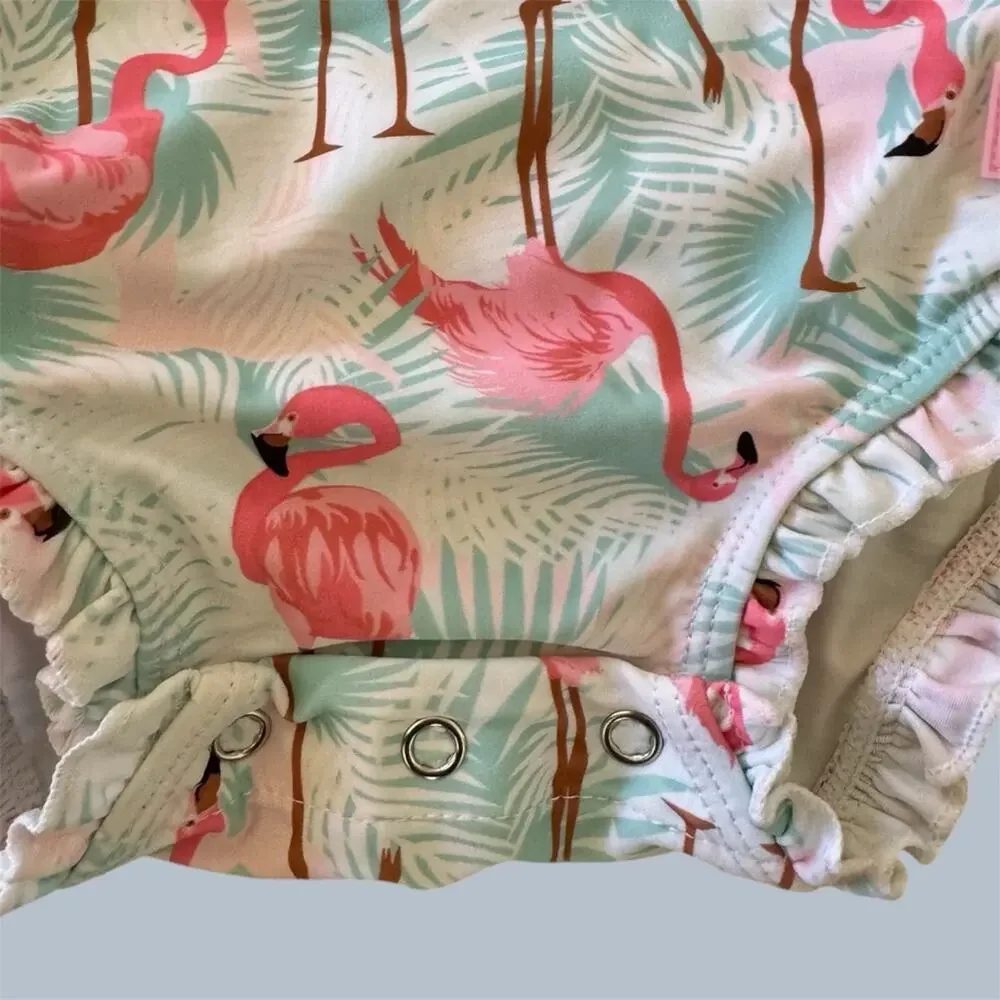 Ruffle Butts Kids Flamingo Print One Piece Rash Guard Swimwear Size 12-18 M